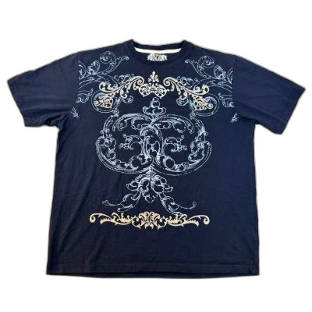 Vintage Y2K Jinzu Denim Graphic T Shirt Mens Black Gold Ornate Scroll Tribal XXL